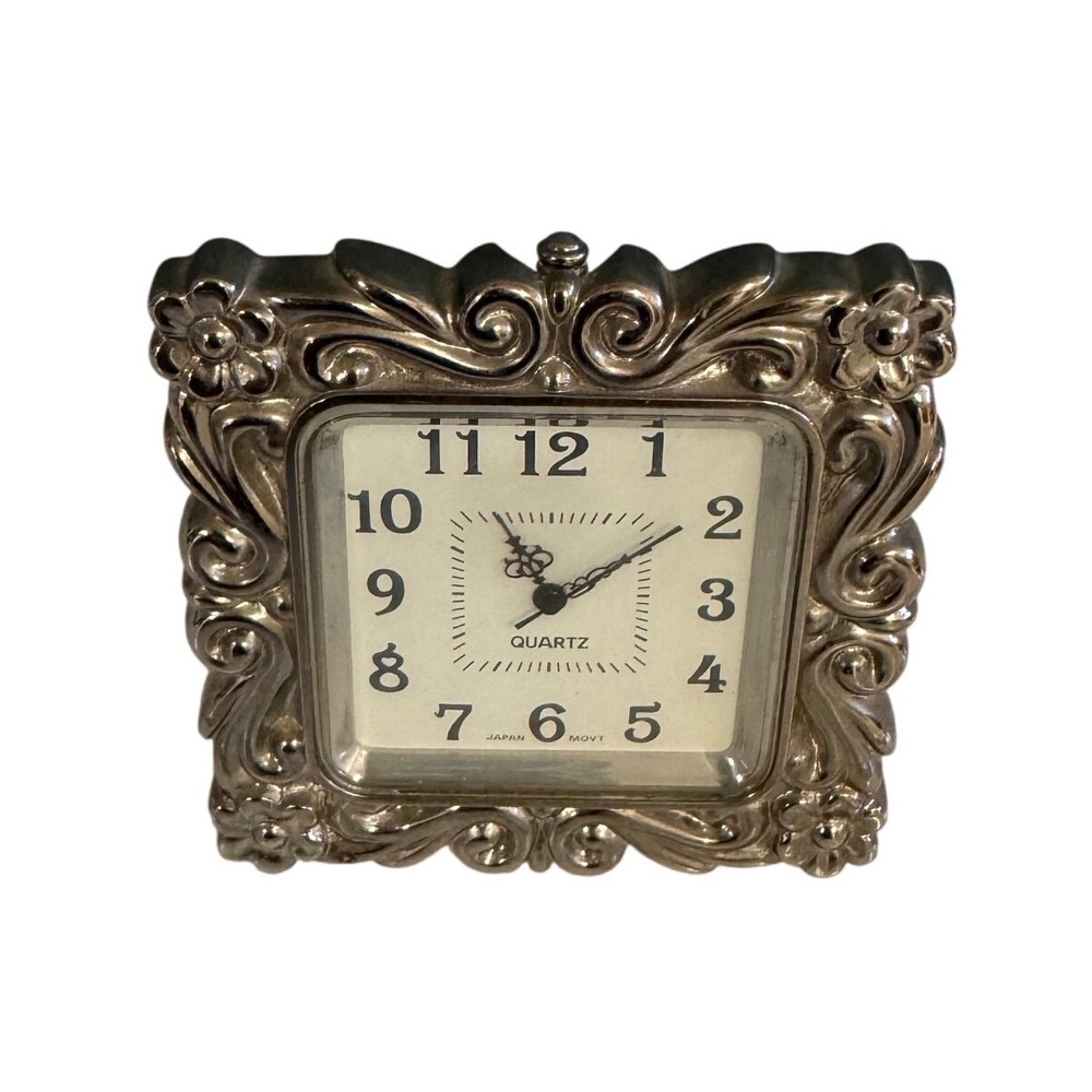 Vintage Silver Tone Ornate Miniature Desk Clock Japan Quartz Movement Travel Siz
